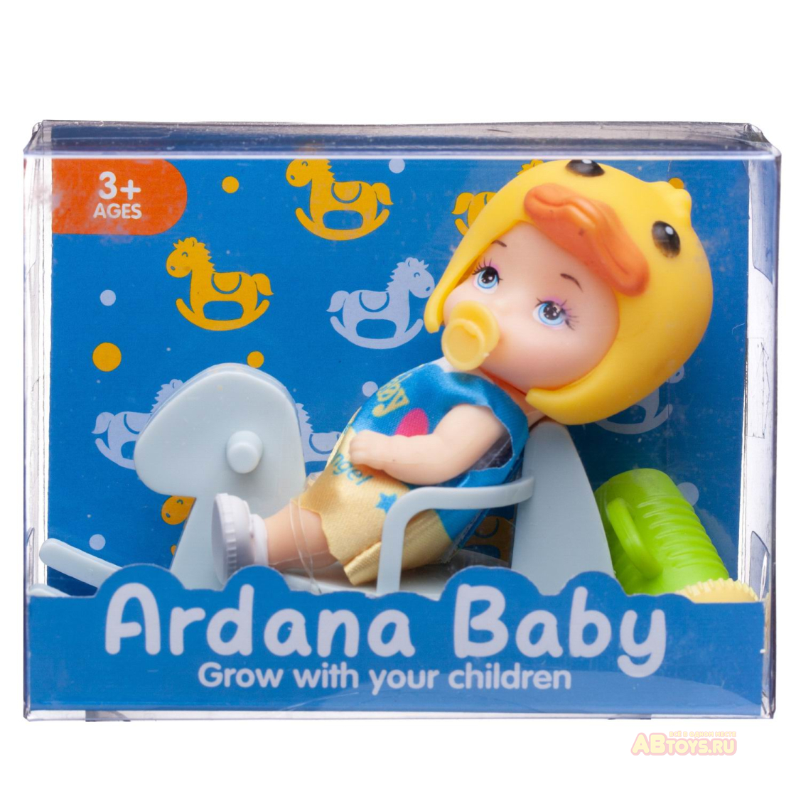 Пупс-куколка "Baby Ardana" Набор игровой Пупсик на лошадке-качалке с поильником, 4 вида, в дисплее 8 шт